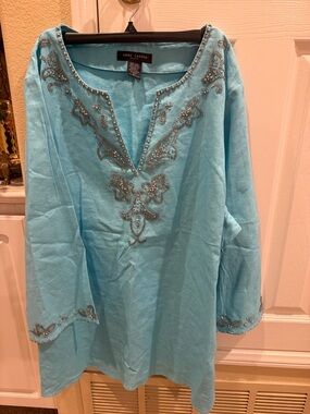 Anne Carson Turquoise Beaded  V-Neck Linen Tunic Camisole New without tags